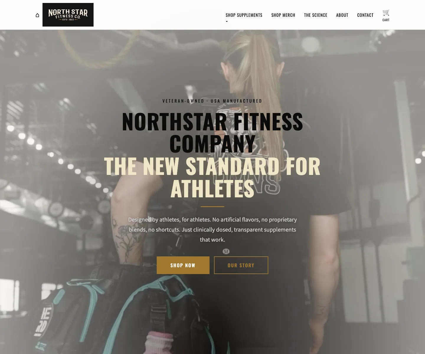 The new NorthStar Fitness Company homepage: a full-bleed gym photo with the headline The New Standard for Athletes and Shop Now button