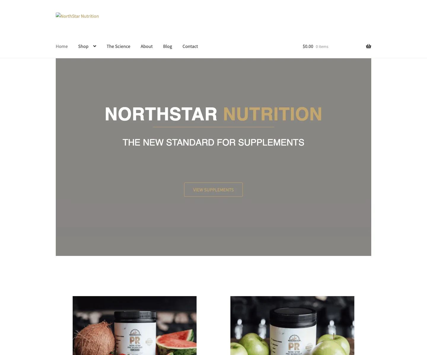 The old NorthStar Nutrition WordPress homepage as archived: a grey hero reading The New Standard for Supplements above two product photos; the logo image did not archive and shows as a broken image