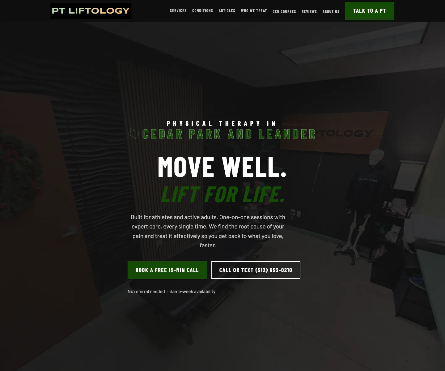 The PT Liftology homepage: a dark hero reading Move Well, Lift for Life, with a Book a Free 15-Min Call button