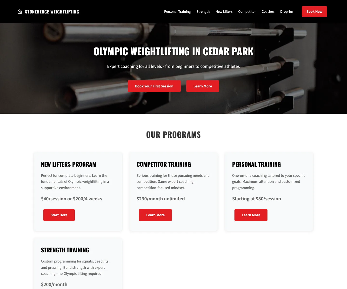 The Stonehenge Weightlifting homepage in January 2026: a dark gym photo behind the headline Olympic Weightlifting in Cedar Park, with four program cards and prices below
